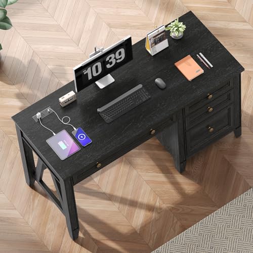 54 Inch Farmhouse Executive Desk, Computer Desk with Drawers, Home Office Desk with Charging Station, for Working Studying Writing, Black