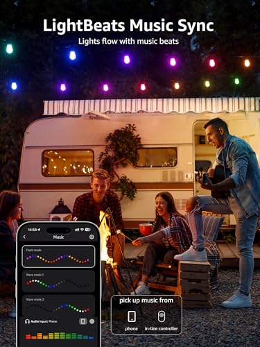 ZB1 AI Smart Outdoor String Lights, 54(42+12) ft RGB+IC+Warm White Outside Light with 15 Plastic LED Bulbs, Music Sync, Alexa Google Enable, 2.4 GHz WiFi+Bluetooth (APP Control, No Remote)