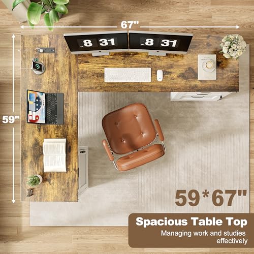 67" Farmhouse L-Shaped Office Desk with 4 Drawers,White & Brown, view 5