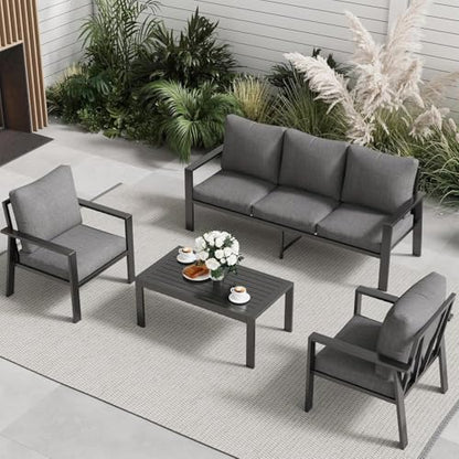 4-Piece Aluminum Patio Conversation Sets All-Weather Sectional Outdoor Furniture Set with Coffee Table & Cushions with Removable Covers for for Backyard, Garden and Poolside Easy Assembly(Gray)