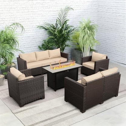 5-Piece Outdoor Patio Furniture 45 in Outdoor Fire Pits Patio Furniture Set 60000 BTU Outdoor Propane Fire Pit No-Slip Cushions Waterproof Covers, Khaki