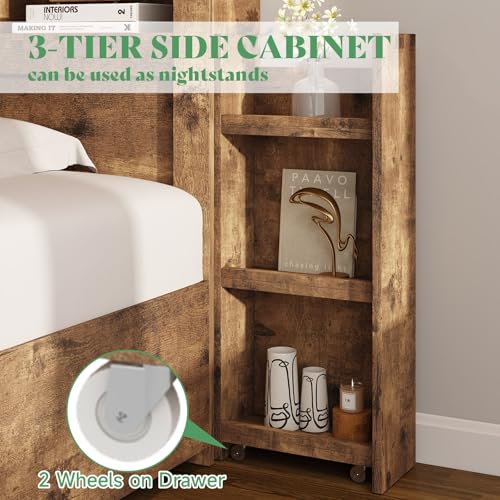 King Bed Frame with Bookcase Headboard & Storage, Rustic Brown, view 7