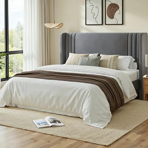 Full Size Modern Upholstered Velvet Bed Frame with Vertical-Striped Wingback Headboard, Under Storage Space, Noise Free, Easy Assembly, Grey