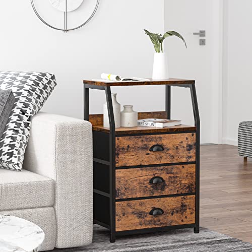 Nightstand with 3 Drawers and 2-Tier Shelf, Fabric Small Dresser Organizer Vertical Storage Tower for Bedroom, Closet, Hallway, Nursery, End Table Side Furniture, Sturdy Steel Frame, Wood Top