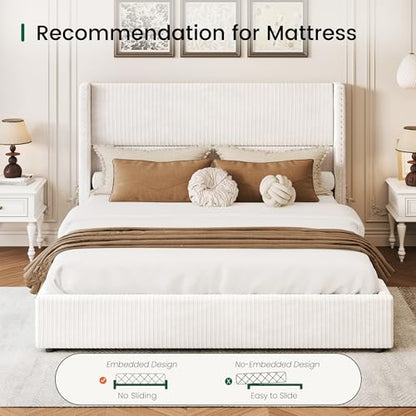 King Size Bed Frame with 4 Storage Drawers Modern White Corduroy Upholstered, view 6