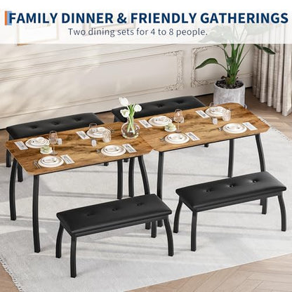 Dining Table for 4, 3-Piece Kitchen Table Set for 4 with Wooden Tabletop and Metal Frame, Industrial Kitchen Table with 2 PU Leather Benches for Bar, Dining Room, Restaurant(43''x28''x30''), Retro