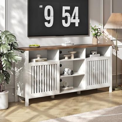 Farmhouse White TV Stand with Grille Doors, 5 Open Storage Compartments, view 4