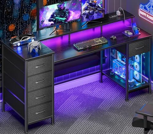 55 Inch Computer Gaming Desk with Power Outlets LED Lights Reversible Home Office with Adjustable Fabric Storage Drawers for Working Writing Study, Black
