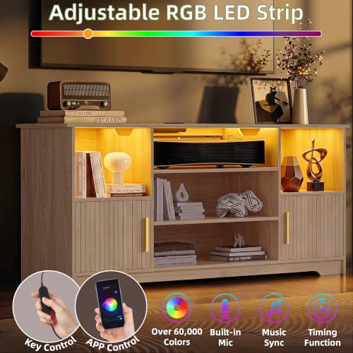TV Stand for 55 inch with LED Light & Charging Station, Natural, view 5
