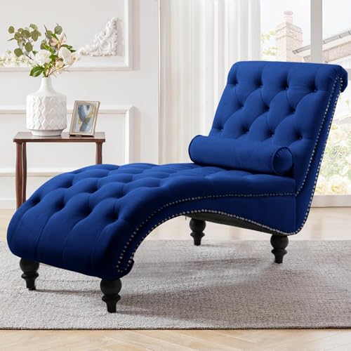 61" Velvet Tufted Chaise Lounge, Upholstered Sofa Chair with Wood Legs Blue, view 6