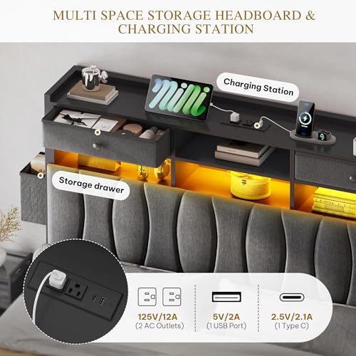 King Size Bed Frame with 2 Storage Drawers and Charging Station, view 5