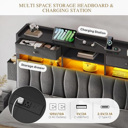 King Size Bed Frame with 2 Storage Drawers and Charging Station, view 5