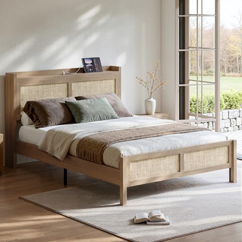 Rattan Bed Frame Queen Size with Woven Headboard, Natural Oak, view 4