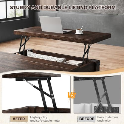 Lift Top Coffee Table with Storage, 35.7" W Square Coffee Tables for Living Room, Small Coffee Table with Large Hidden Space, for Living Room, Bedroom, Home Office, Brown