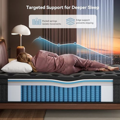 Queen Mattress, 14 Inch Springs Matress, Bed in a Box, Soft and Breathable, Pressure Relief & Motion Isolation, Medium Firm Feel