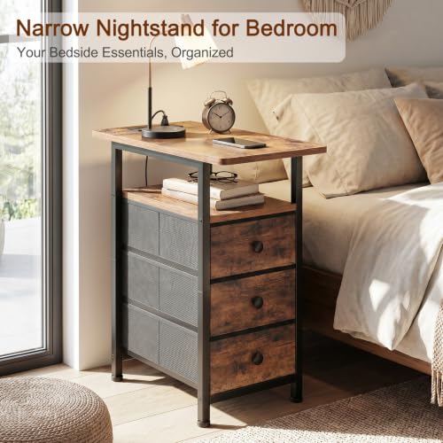 End Tables Living Room with Charging Station, Narrow Side Table with USB Ports and Outlets, Slim Nightstand with 3 Fabric Drawers for Bedroom, Small Space, Rustic Brown, HETN013BR-1