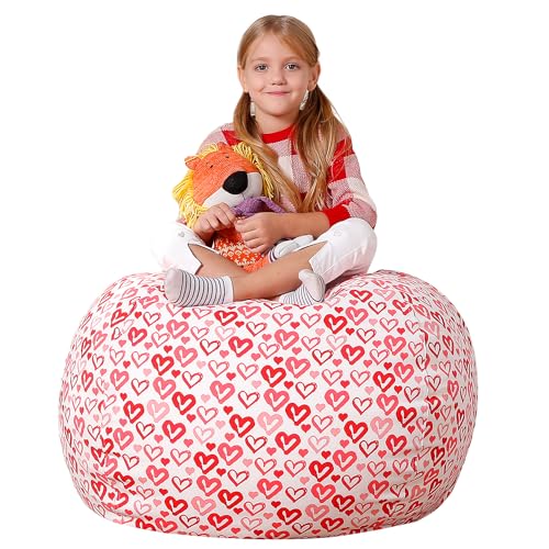 Stuffed Animal Bean Bag Storage Chair, Beanbag Covers Only for Organizing Plush Toys, Turns into Bean Bag Seat for Kids When Filled, Medium 32"-Canvas Pattern Heart