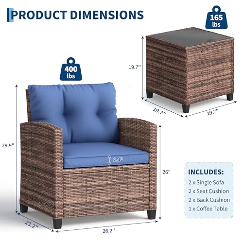 3 Pieces Patio Furniture Set, PE Rattan Patio Conversation Set with Tempered Glass Tabletop, Outdoor Wicker Chairs and Table Set for Patio Balcony Garden, Brown & Blue