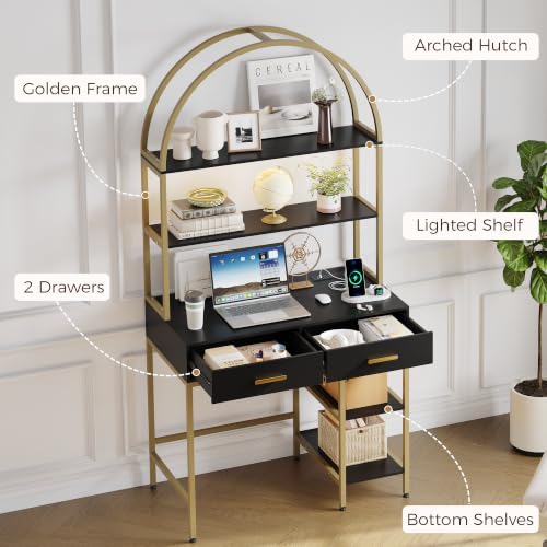 Arched Desk with Hutch and 2 Drawers, Black and Gold Writing Desk, view 4