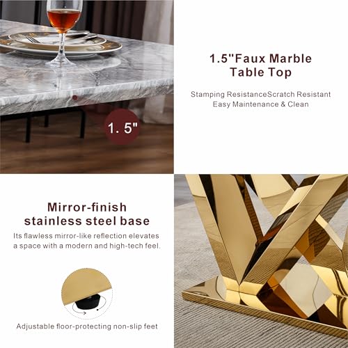 Marble Dining Table for 6 People, 70'' Rectangle Faux Marble Dining Table with Mirrored Stainless Steel Base, Large Size Marble Kitchen Table (Gold,Gray)(ONLY Table)