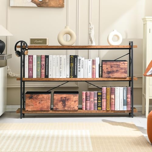 Bookshelf, 3-Tier Long Industrial Bookcase, Rustic Open Book Shelf, Freestanding Horizontal Bookshelves with Metal Frame