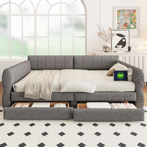 Queen Size Upholstered Daybed Sofa Bed with 2 Drawers, Lambswool Upholstered Platform Bed with USB for Bedroom Living Room Guest Room (Gray-@045)