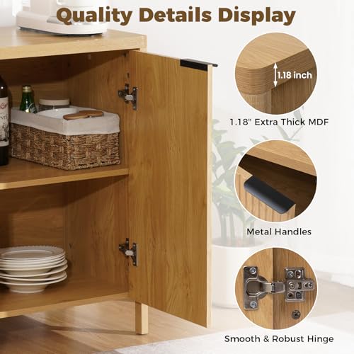 31.5'' Sideboard Buffet Cabinet with Storage Fluted Sideboard Buffet with Adjustable Shelves Coffee Bar Console Table Cabinet for Hallway Entryway Living Room or Kitchen Natural
