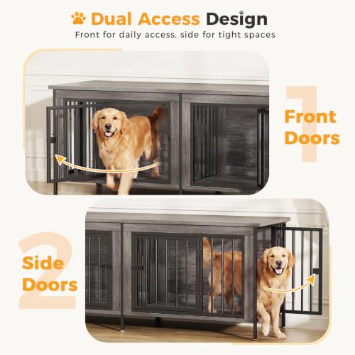 63" Double Dog Crate Furniture for 2 Dogs, Gray Wood Grain, view 3