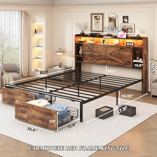 King Size Bed Frames with Storage Headboard and 4 Drawers, view 3