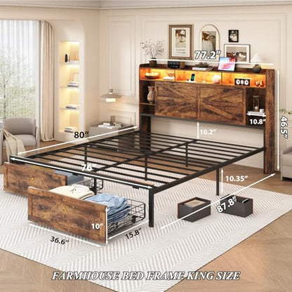 King Size Bed Frames with Storage Headboard and 4 Drawers, view 3