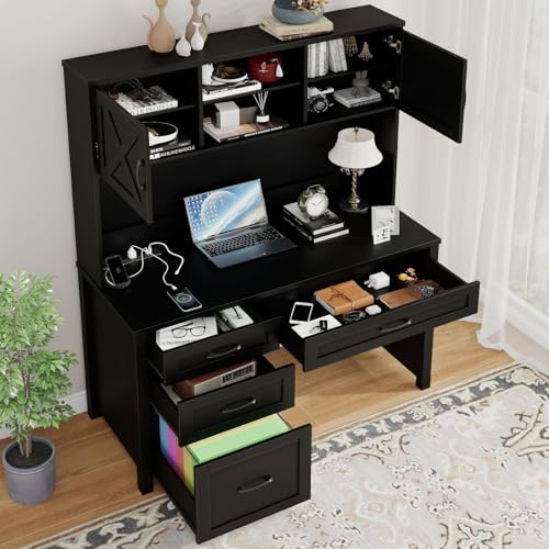Farmhouse 67" H Executive Desk with Hutch & Drawers, Black, view 5