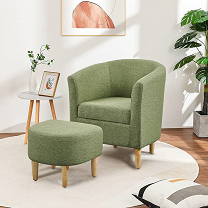 Mid Century Modern Chair, Accent Chair Barrel with Ottoman Comfy Arm Footrest Set Comfortable Living Room Chairs Upholstered Round Club Tub Sofa for Bedroom Reading Green, Set of 1