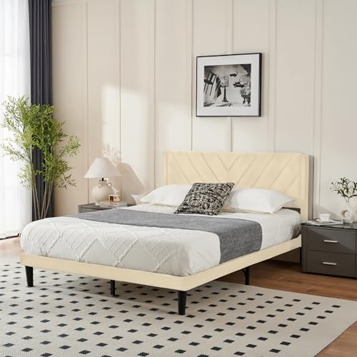 Queen Size Platform Bed Frame with Velvet Headboard, Wing Edge, view 4