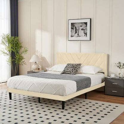 Queen Size Platform Bed Frame with Velvet Headboard, Wing Edge, view 4