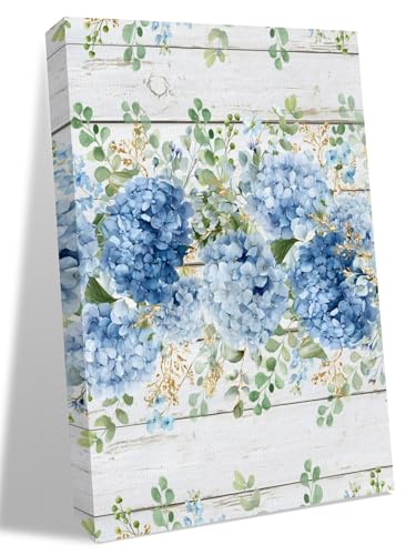 NuYeBiofx Country Hydrangea Flower Eucalyptus Leaves Canvas Wall Art Prints,48"x32" Framed Picture Artwork Retro Wooden Printed Canvas Oil Painting for Living Room Bedroom Office,Ready to Hang