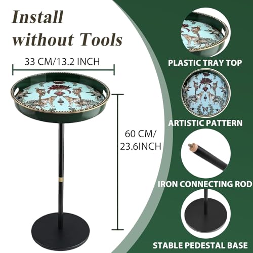 Boho Single Leg Round Side Table with Tray Top, Pedestal Drink Table for Small Spaces, Aesthetic Accent Nightstand for Living Room, Bedroom, Corners, and Office (Green Leopard)