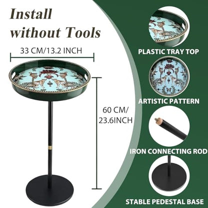 Boho Single Leg Round Side Table with Tray Top, Pedestal Drink Table for Small Spaces, Aesthetic Accent Nightstand for Living Room, Bedroom, Corners, and Office (Green Leopard)