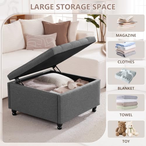 Grey Tufted Square Ottoman with Storage, Solid Wood Frame, view 4
