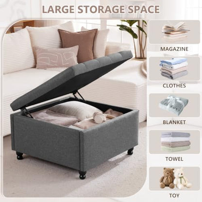 Grey Tufted Square Ottoman with Storage, Solid Wood Frame, view 4