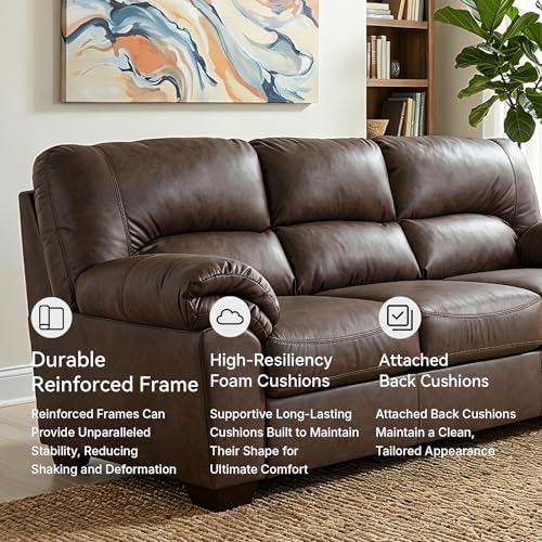 Signature Design by Ashley Whitlock Sofa, 87" W Faux Leather Couch, Anti-Sag Support, Couches for Living Room, Umber Brown, No Assembly Required