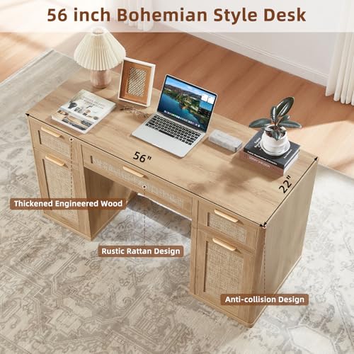 56" Rattan Office Desk with 3 Drawers & 2 File Cabinets, Natural, view 7