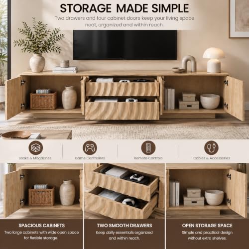 71" TV Console, Spiral Wave Design, 2 Drawers, Media Storage, Natural, view 5