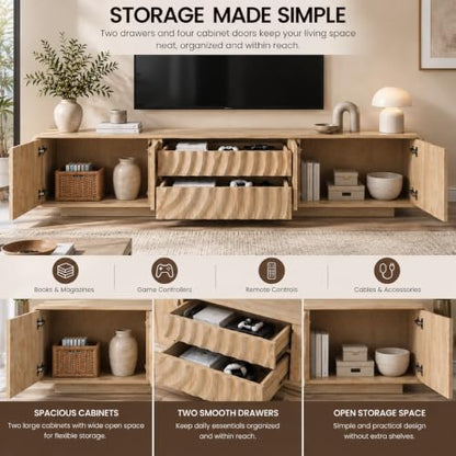 71" TV Console, Spiral Wave Design, 2 Drawers, Media Storage, Natural, view 5
