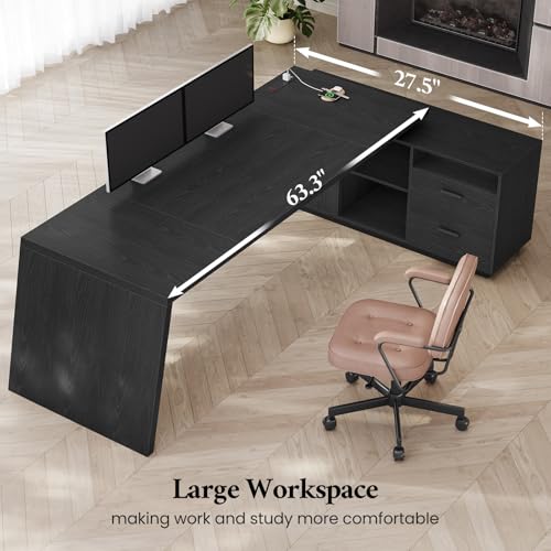 78" L-Shaped Executive Desk with Charging Station, File Cabinet, view 4