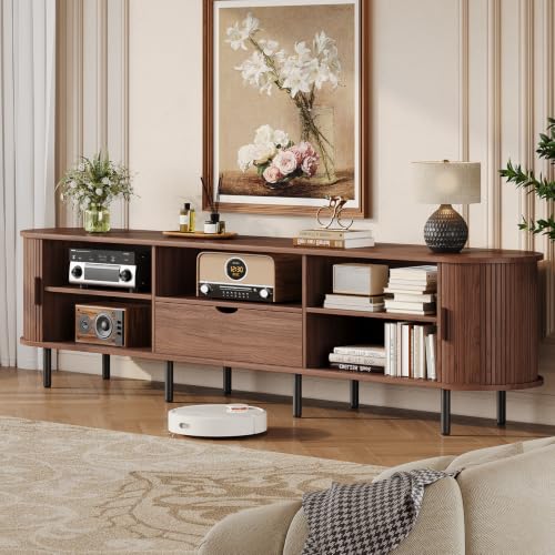86.6" TV Stand with Power Outlet for TVs up to 90", Walnut Media Console, view 7