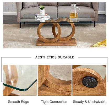 Glass Coffee Table for Living Room, Modern Tempered Glass Tabletop and MDF Legs, Small Modern Coffee Table. (Natural, Style 1)