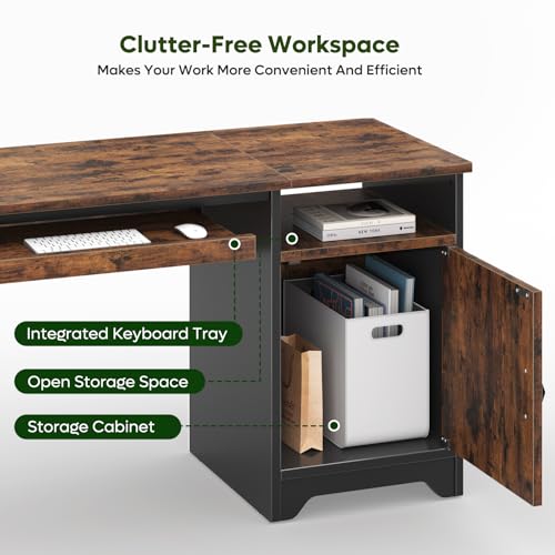Office Desk with Keyboard Tray, 47 inch Industrial Computer Desk with Storage, Reversible Executive Desk with File Cabinet for Home Office Bedroom, Rustic Brown