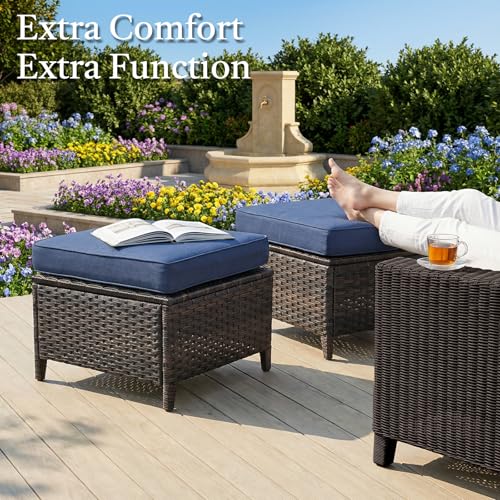Outdoor Ottoman Set of 2 - PE Wicker Rattan Ottoman Patio Footstool for Deck Porch Balcony Garden - Brown/Blue