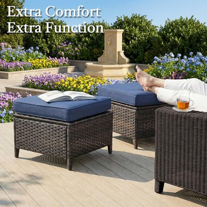 Outdoor Ottoman Set of 2 - PE Wicker Rattan Ottoman Patio Footstool for Deck Porch Balcony Garden - Brown/Blue