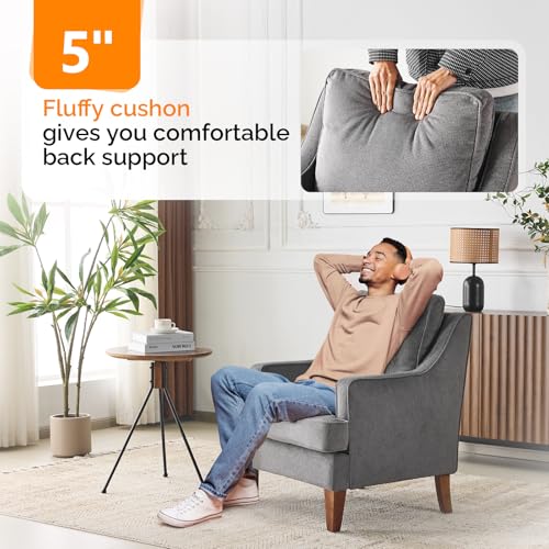 Mid-Century Accent Chairs, Light Grey Upholstered Armchair Comfy Sofa Chair Reading Chair High Back Living Room Bedroom Furniture for Apartment